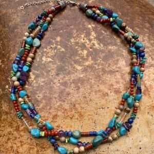 Shube Necklace Three Strand Native Am. Sterling Silver, Turquoise & Multi Stone
